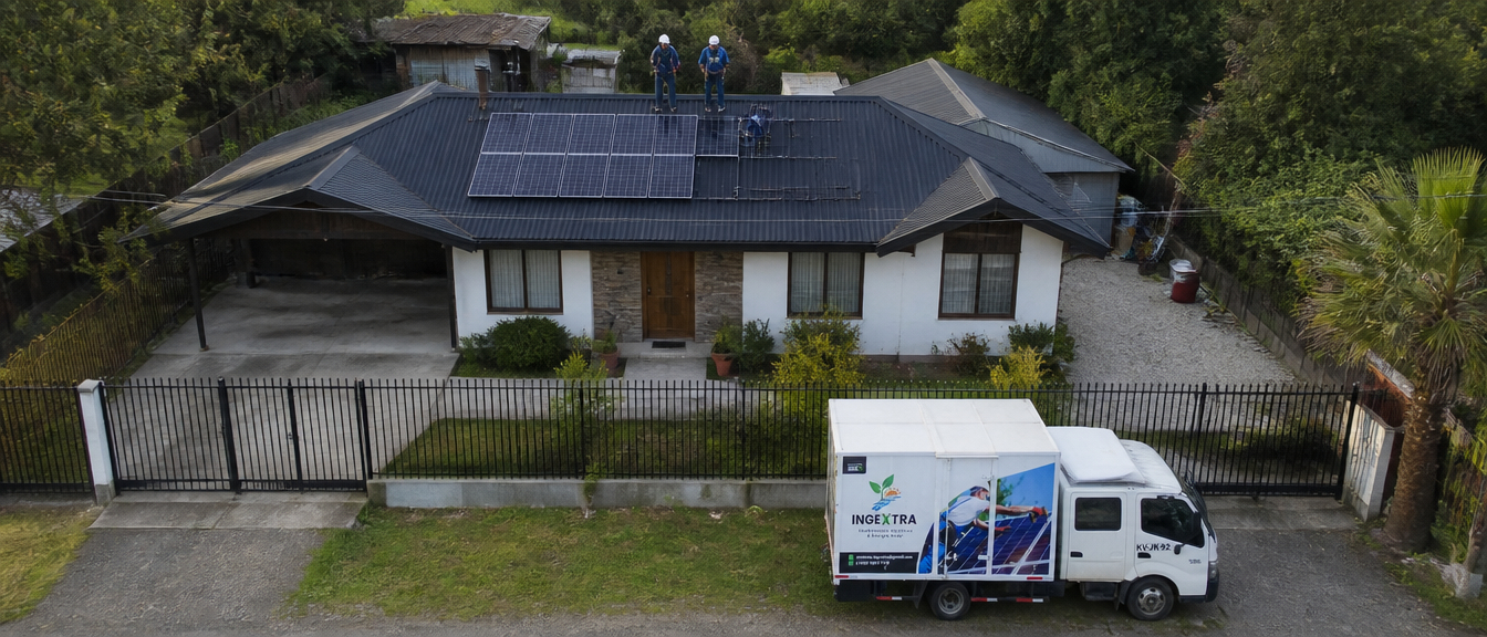 Equipo de Ingextra instalando paneles solares en el techo de una casa, con la camioneta de la empresa al frente